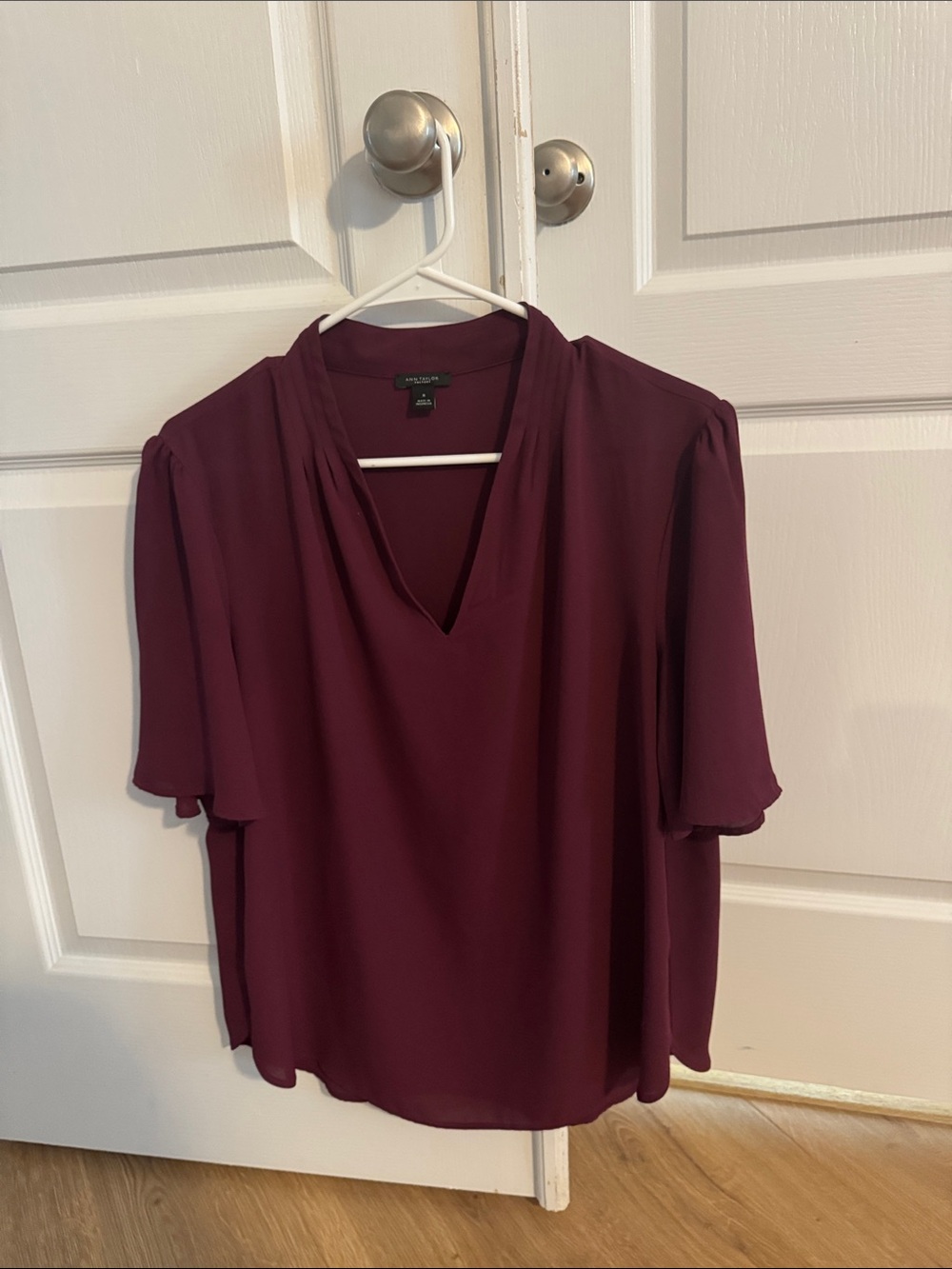 Ann Taylor Factory Deep Plum V-Neck Flutter Sleeve Blouse